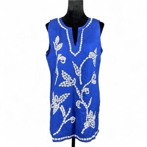 NWOT Linen Blend Split Neck Tunic Top L Boho Coastal Embroidered Blue Sleeveless